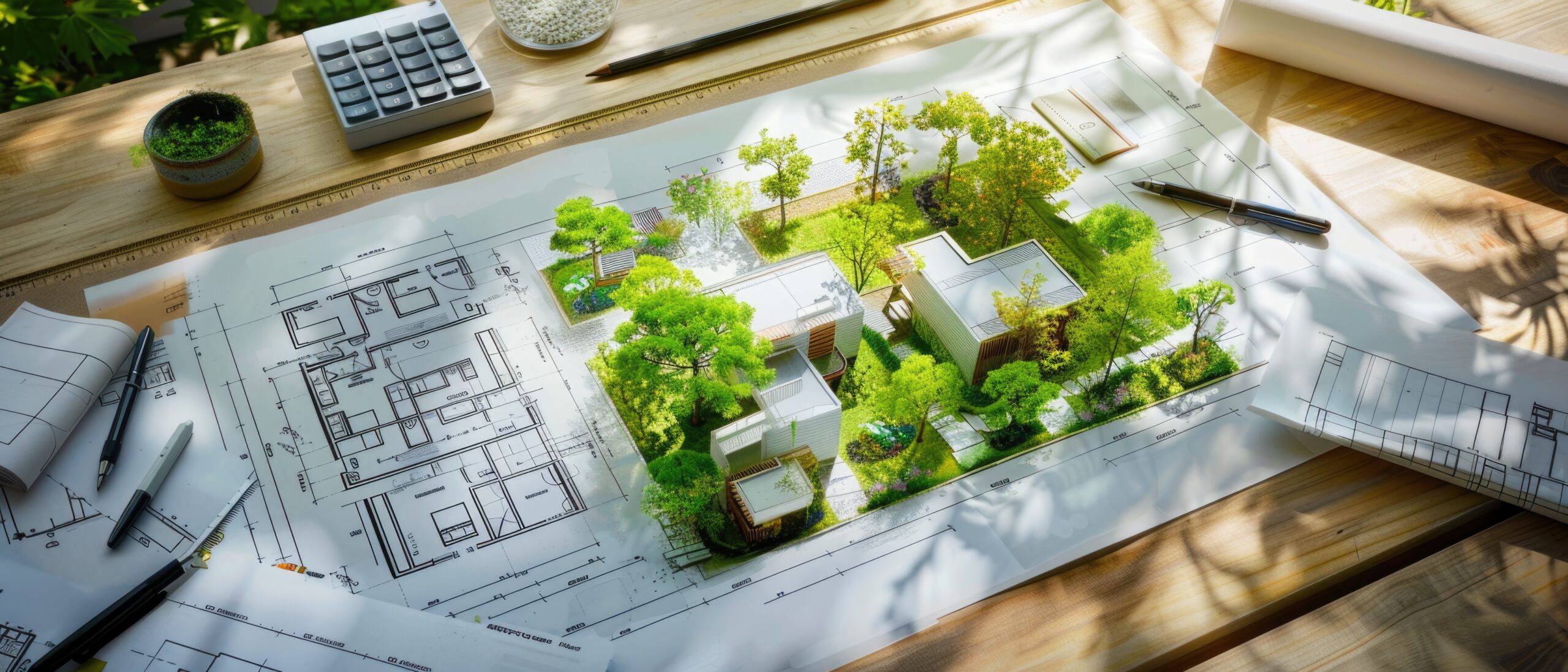 Architectural Plans With Landscape Design On The Desk. Top View Architectural Plans With Landscape Design On The Desk. Top View